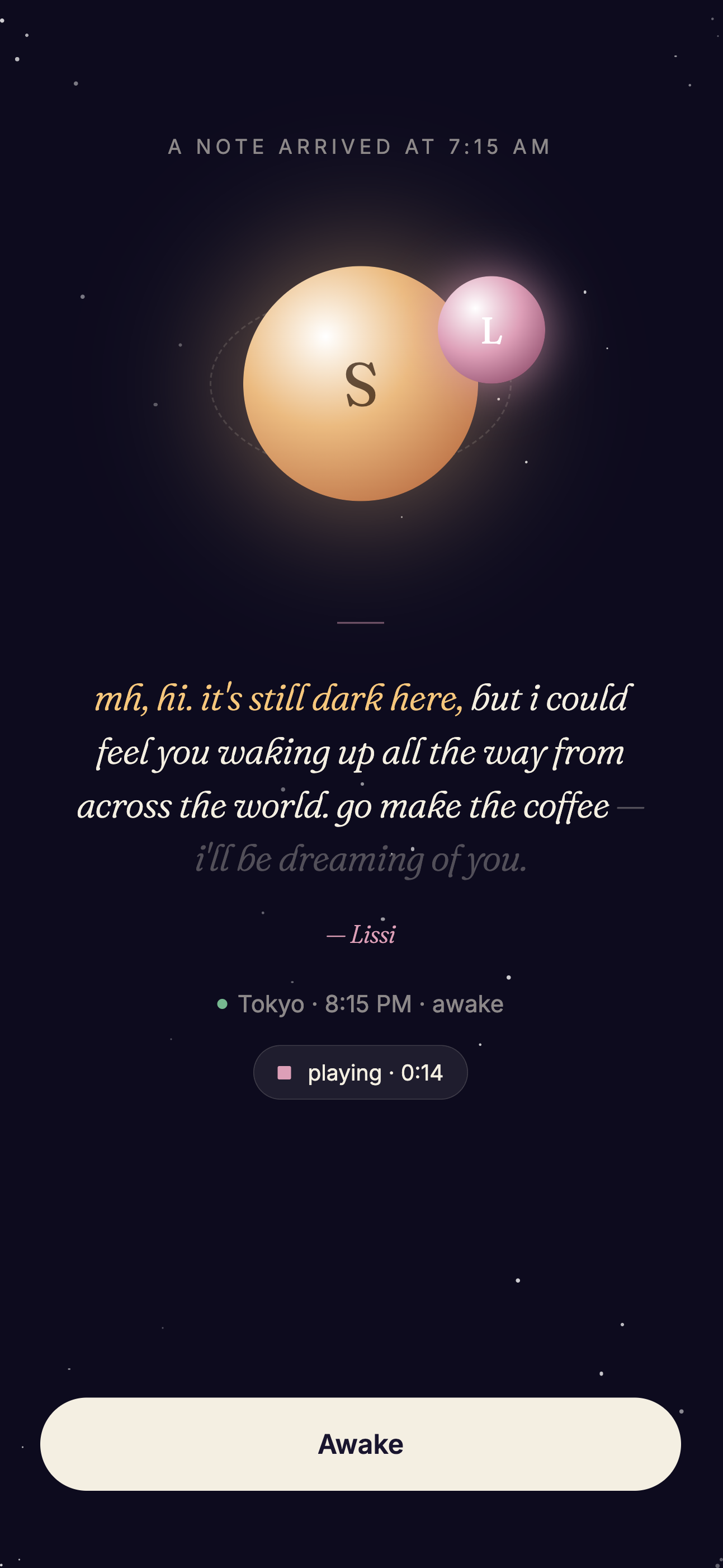 sunchat wake screen — a voice note from Lissi
